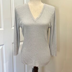 French Laundry Silver Metallic Shimmer Knit V-Neck Long Sleeve XL